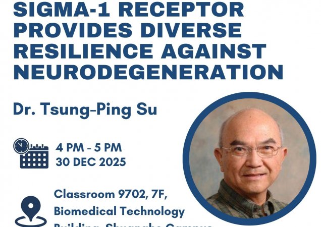 115/12/30(二) -「NRC特別講座-Ping Su: Sigma-1 Receptor Provides Diverse Resilience Against Neurodegen by Dr. Tsung」(16:00-17:00 雙和教研大樓8樓1801教室)